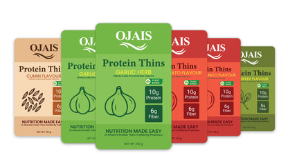 PROTEIN THINS- MIXED FLAVORS- 6 PACKETS (2 GARLIC & HERB, 2 TANGY TOMATO, 1 CUMIN SEED, 1 FENUGREEK)