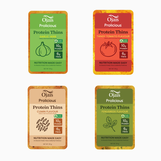 PROTEIN THINS- MIXED FLAVORS- 6 PACKETS (2 GARLIC & HERB, 2 TANGY TOMATO, 1 CUMIN SEED, 1 FENUGREEK)
